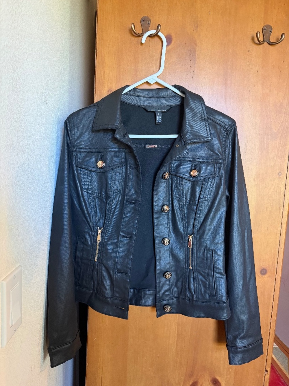 WHBM Black Coated Trucker Jacket Gold Hardware Women’s Small